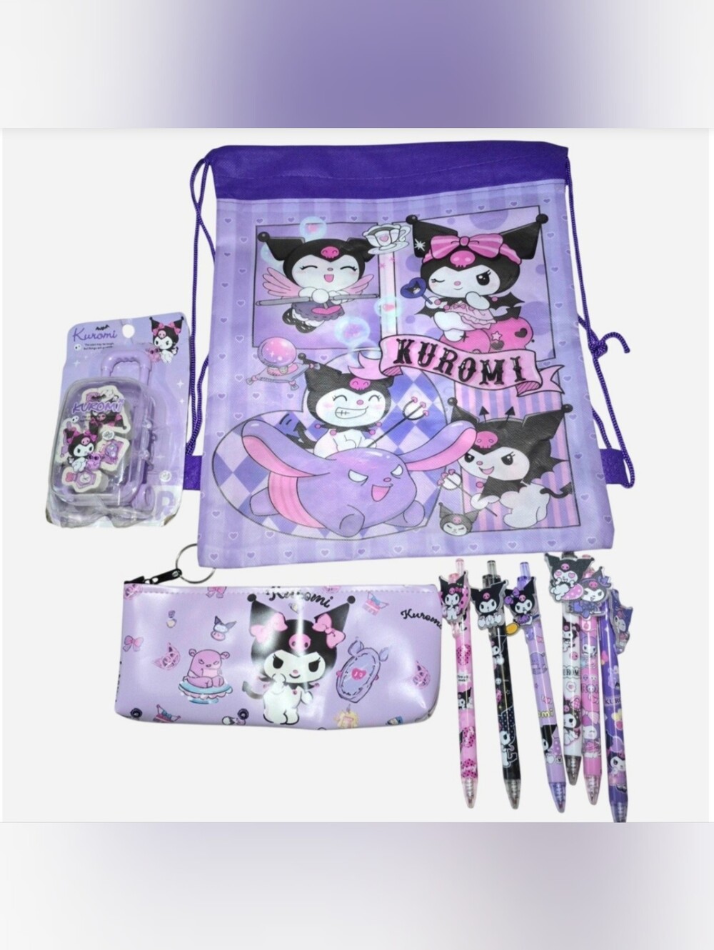 Kuromi Bundle Pencil Bag, Pen Set, Mini Lugfage Eraser Set, & Kuromi BAG